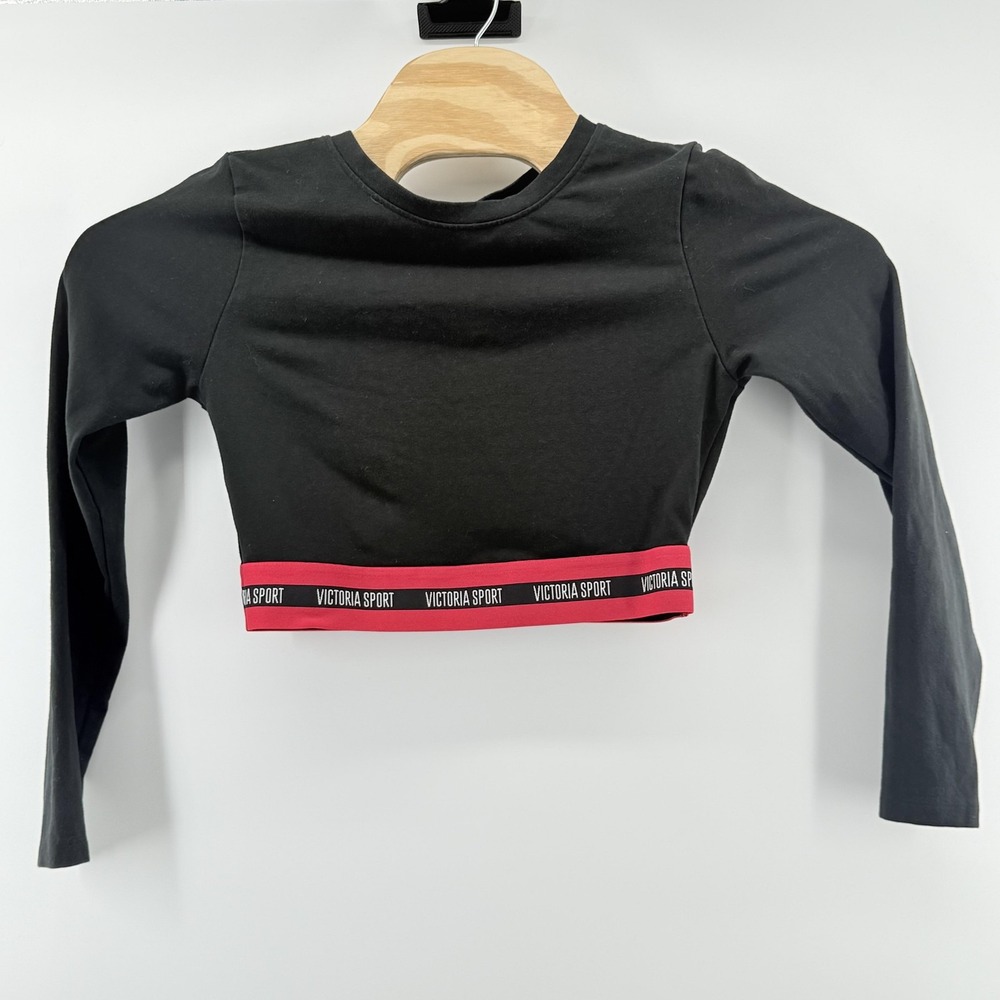 Victoria Sport Crop Top Womens Medium Black Long Sleeve Athletic Logo Stretch